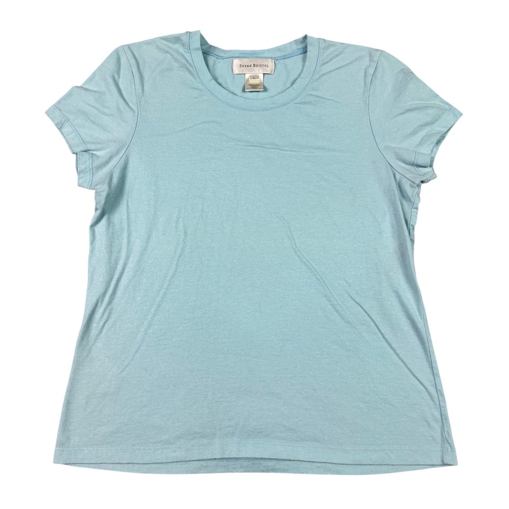 Susan Bristol Womens Light Blue Shimmer Cotton Short Sleeve Crewneck Tee Large